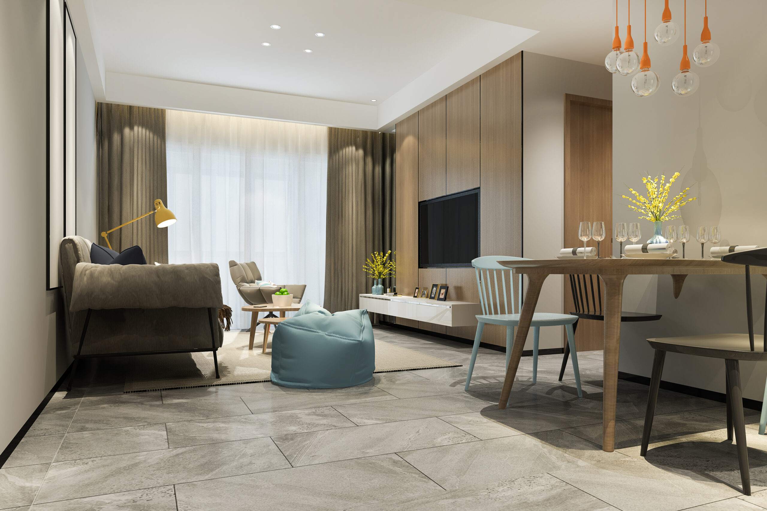 Modern living area detailing materials and light.