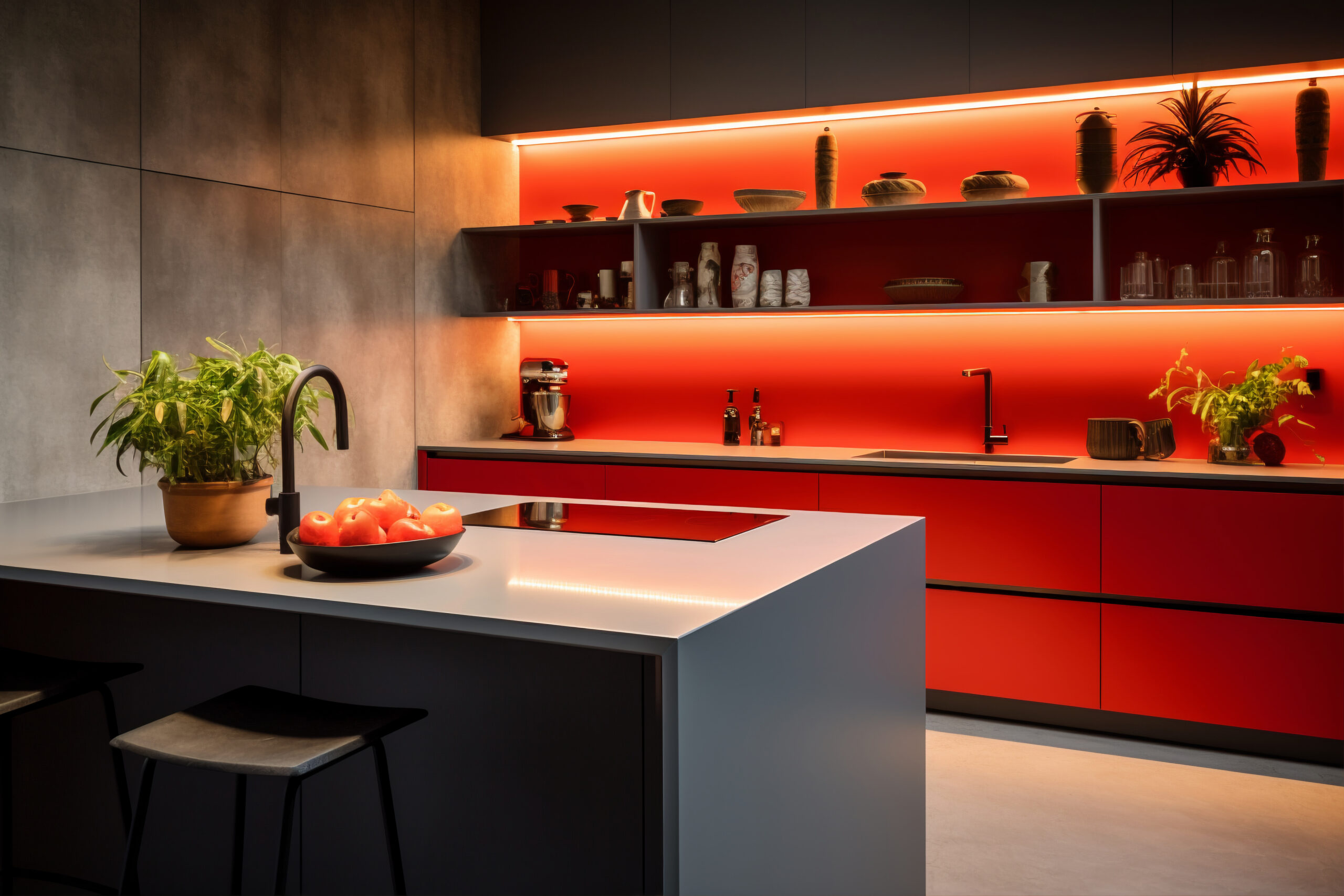 Modern modular kitchen with dining adjacency.