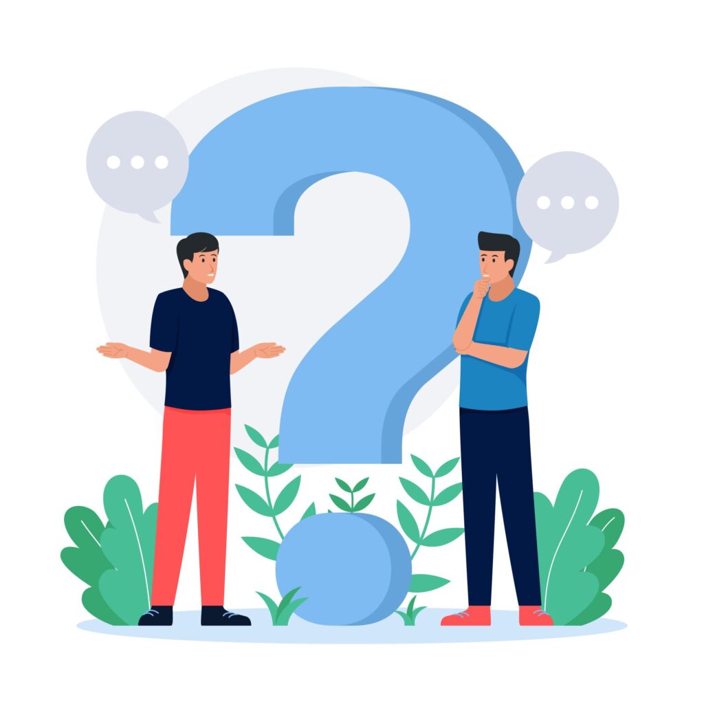 Illustration of a design consultation with a large question mark.